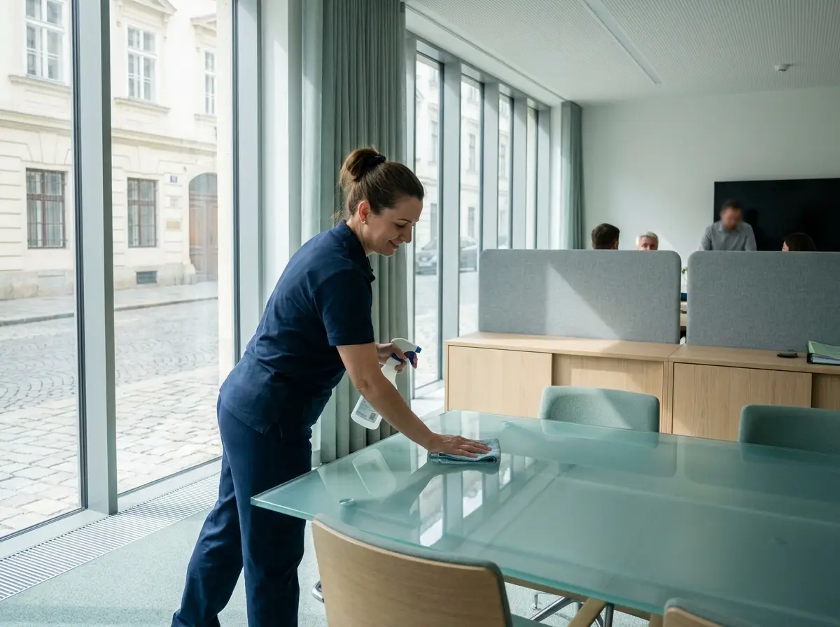 Reinigungskraft reinigt Besprechungsraum im Büro
