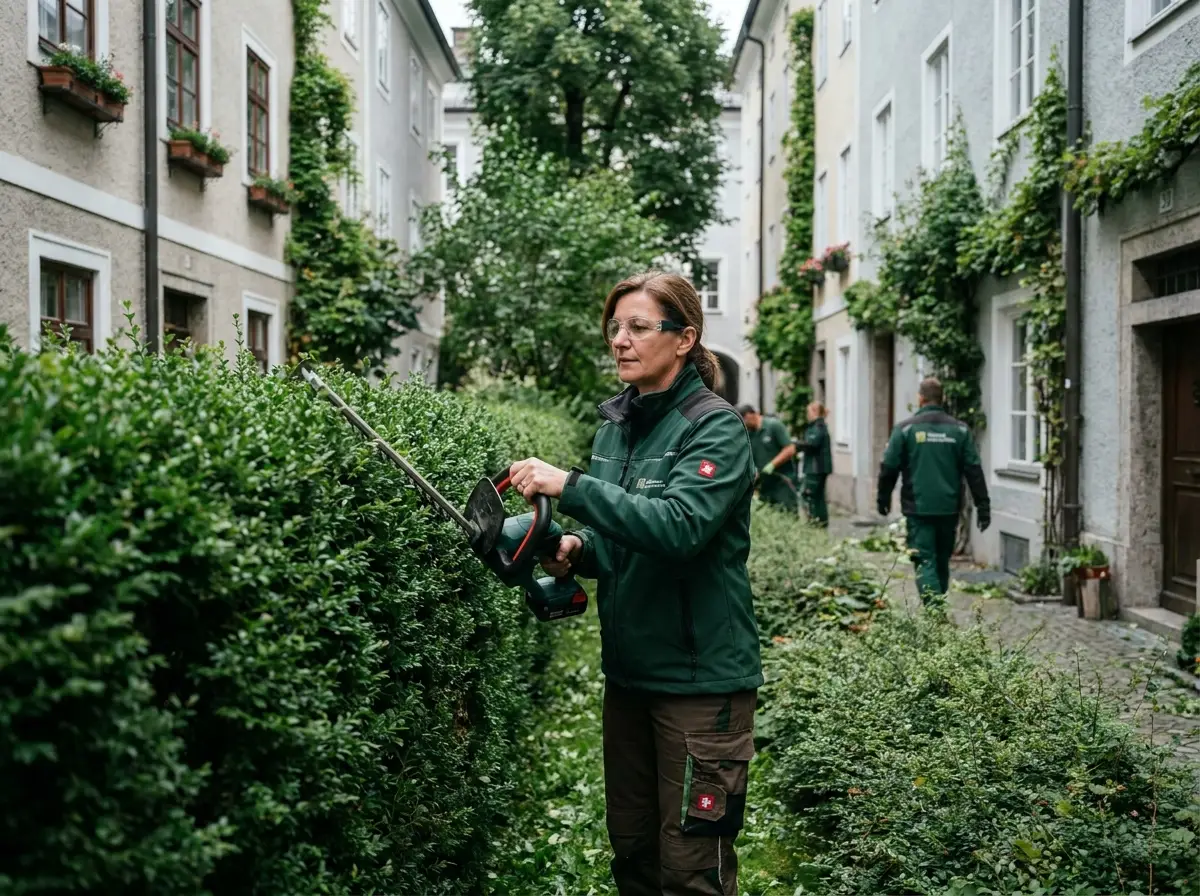 Gärtner schneidet Hecke im Innenhof